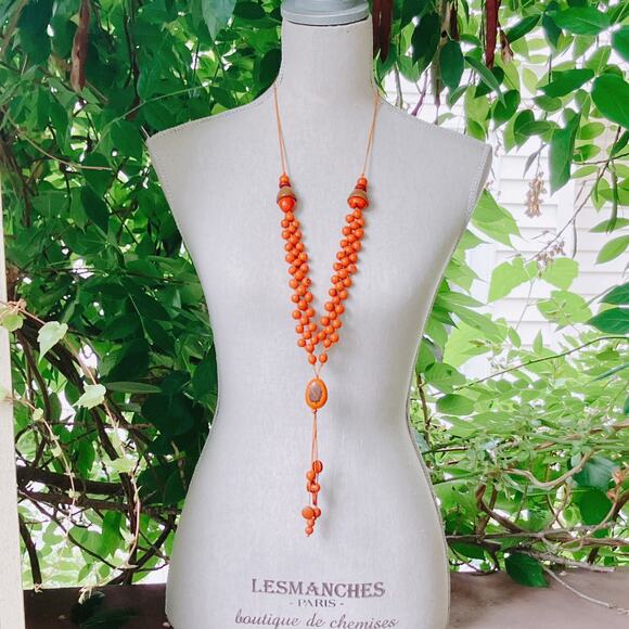 VTG 1970s Tagua Nut Wood Necklace Boho Artisan Long Natural Statement Jewelry - Picture 3 of 13